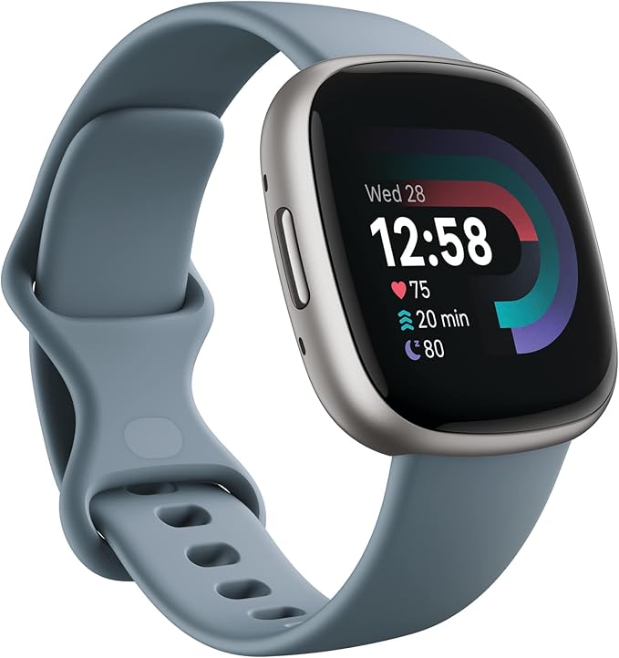 Vers 4 Smartwatch – GPS, Heart Rate, Sleep & Fitness Tracking – Waterfall Blue/Platinum